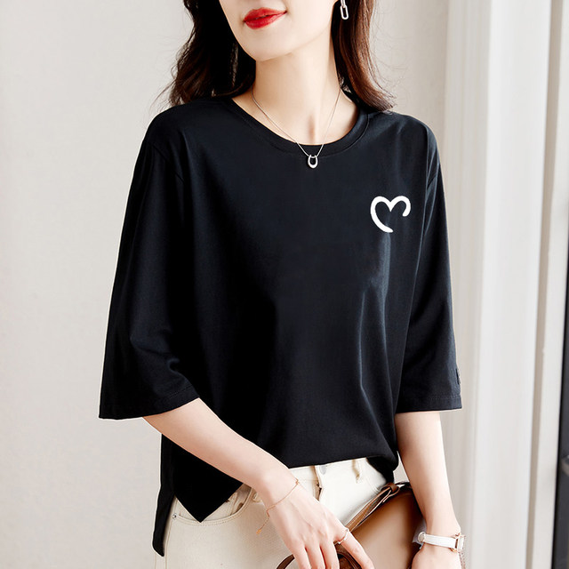 Pure cotton 7-quarter sleeve T-shirt women's summer top 2024 new loose half-sleeved fashionable black mid-sleeved base shirt