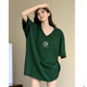 Dark green loose half-sleeved bottom shirt for women in summer mid-length butt top 2025 new pure cotton short-sleeved T-shirt