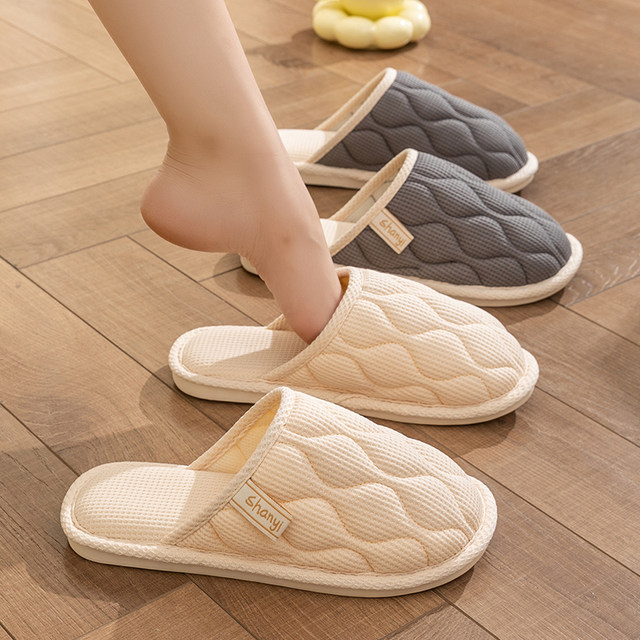 Household slippers, breathable, deodorant, Baotou, four seasons, ladies couple, non-slip indoor cotton, linen, wool and linen thick-soled cloth shoes