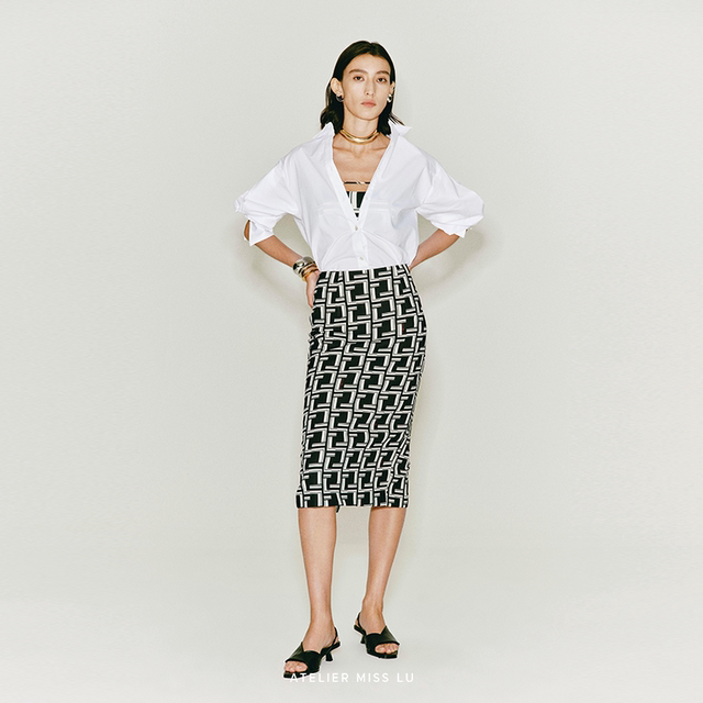 AtelierMissLu2024 Spring and Summer New Brand Custom Letter Print Pencil Skirt