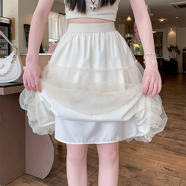 Mesh flower bud skirt for women in summer 2025 new high-waisted A-line sweet and gentle style puffy five-point mid-skirt