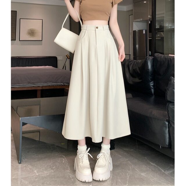 Rice white suit fabric skirt women's summer versatile leisure A -line skirt high waist slimming middle long skirt
