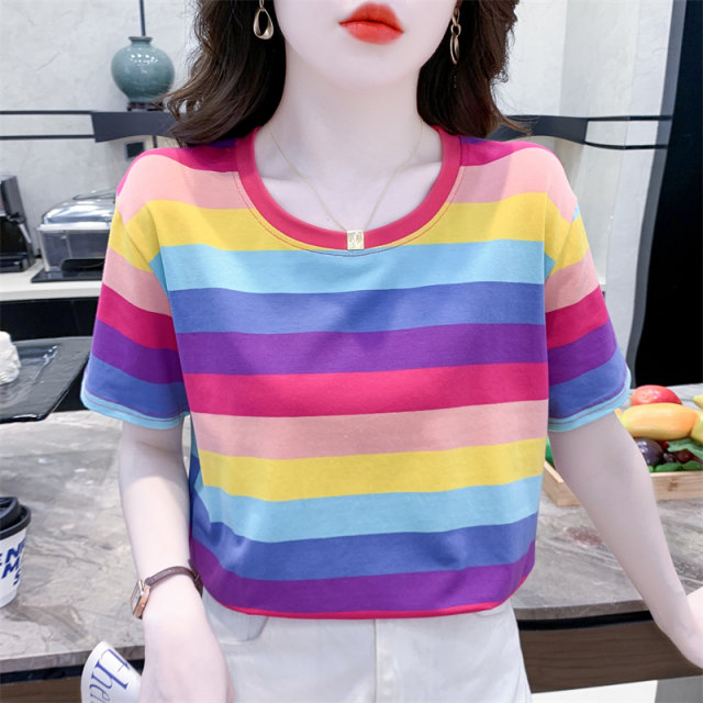 2024 summer new ins loose pure cotton rainbow striped short-sleeved T-shirt for women half-sleeved tops to make them look slim T-shirt trendy