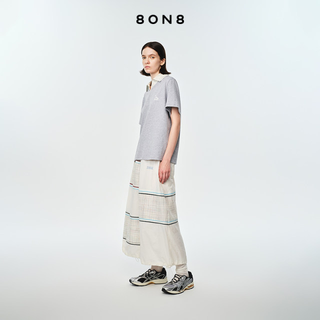 8ON8 white plaid spliced ​​nylon skirt 2025 spring new midi skirt A-line skirt casual and fashionable