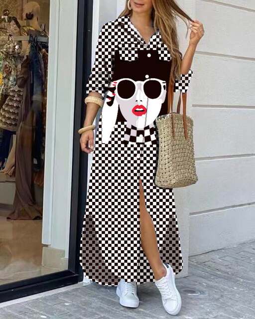 Autumn new POLO neck stylish single-breasted loose cartoon chain printed long sleeve dress long skirt DRESS
