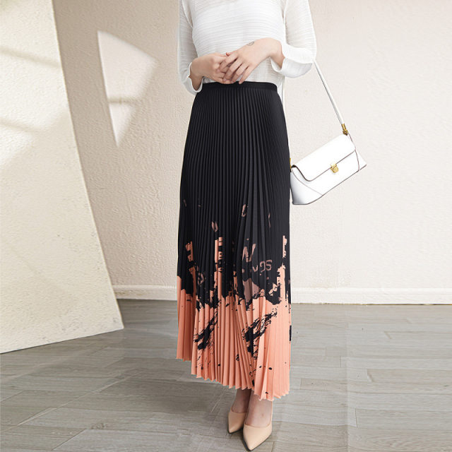 Design-sensual printed pleated skirt for women in autumn and winter mid-length high waist slim spring large size A-line skirt long drooping