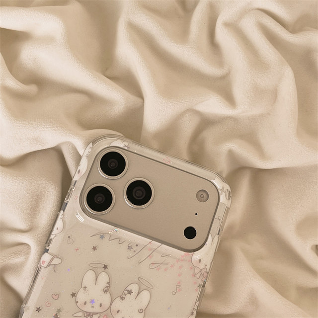 Single shell Japanese and Korean graffiti white tableware rabbit with plush lanyard suitable for Apple 17promax mobile phone case cute iPhone16 new 15 anti-fall 14pro women's 13 mobile phone case hard case