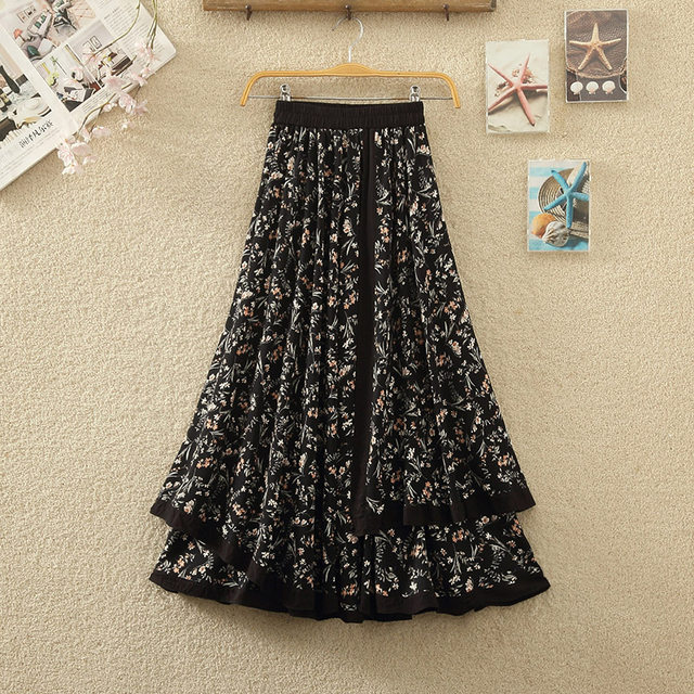 Retro national wind floral skirt female spring and summer new high -waisted large stitching irregular mid -length A -line skirt
