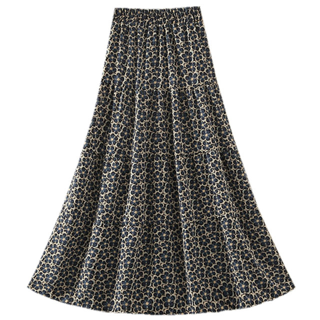 Retro floral chiffon skirt for women in spring and summer new elastic high waist slimming mid-length splicing A-line skirt