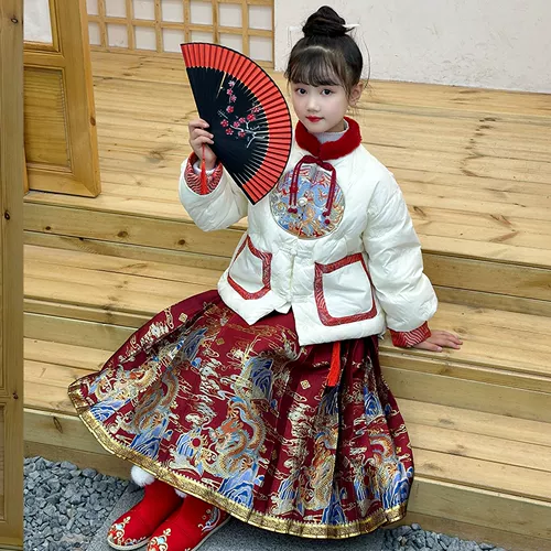 Живопитая куртка для девочек плетение плетения золотой лошади юбки с лапшой 2024 Новая девочка Tang Suit Hanfu национальный стиль костюмированная куртка