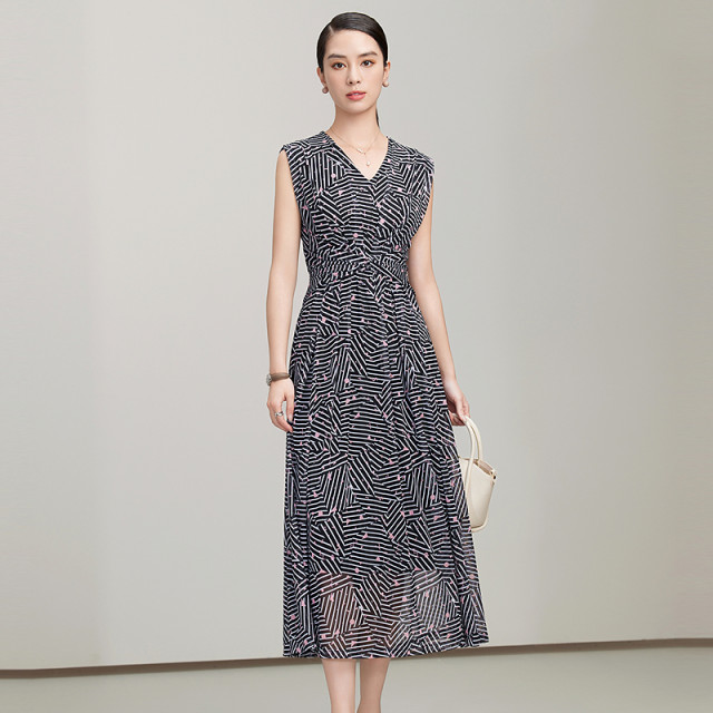 Yingzhi Shang Sleeveless Dress for Women 2025 Summer New Tea Breakout Waist Slim Printed V-neck Vest Long Skirt