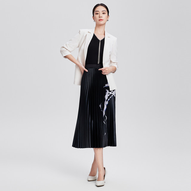 Yingzhishang new Chinese printed skirt spring new black slim high-end and elegant commuter pleated skirt