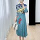 Sanzhai dress female early autumn new autumn new seven -point sleeve half -neck high -end print folds fashion commuting long skirt 072
