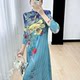 Sanzhai dress female early autumn new autumn new seven -point sleeve half -neck high -end print folds fashion commuting long skirt 072
