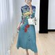 Sanzhai dress female early autumn new autumn new seven -point sleeve half -neck high -end print folds fashion commuting long skirt 072
