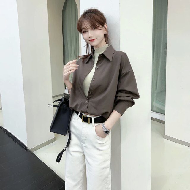Kaka women's official flagship authentic autumn and winter style Maillard long-sleeved top design sense fake two-piece shirt