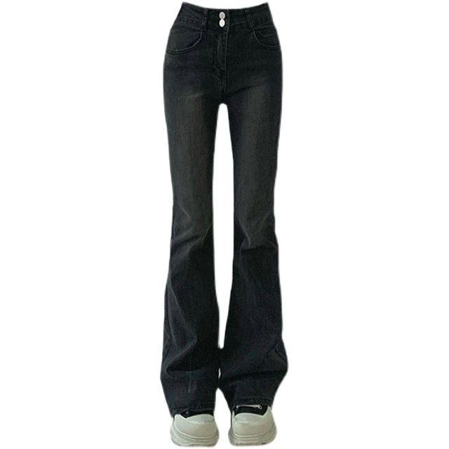 Slightly fat customized design black and gray bootcut jeans for women large size retro high waist slim high street jeans trendy