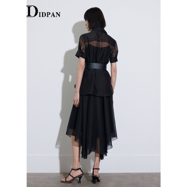IDPAN women's summer new commuting irregular geometric skirt anti-exposure medium length A-line black skirt for women