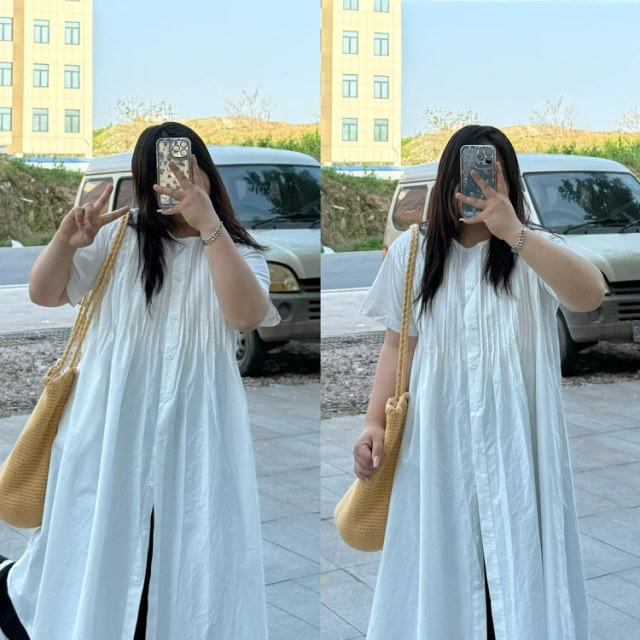 Fat potato large size white short-sleeved shirt skirt for women in summer 2025 new Korean loose mid-length layered A-line skirt
