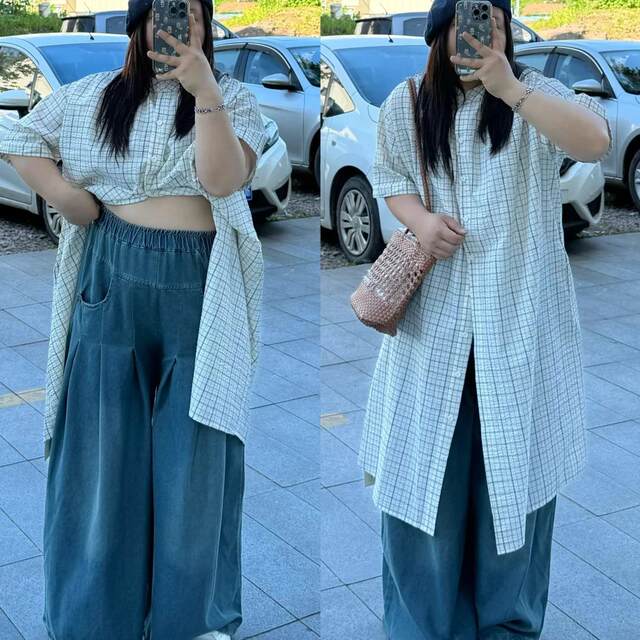 Fat potato large size kid Korean long-sleeved plaid long over-knee design shirt autumn new temperament niche top
