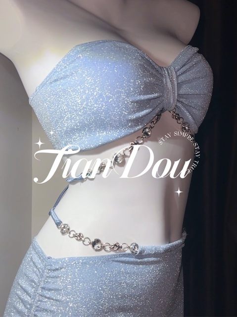 Advanced texture diamond chain split three -piece swimming dress skirt Bikini chain gathers swimwear
