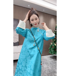 2024 Spring women's unique super look improved Tang high-end new Chinese style national wind blue cheongsam dress