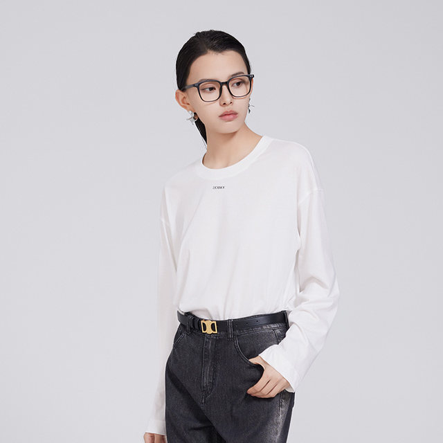 DEMMOV lemon white long-sleeved T-shirt for women in women's autumn new letter logo round neck cotton base inner