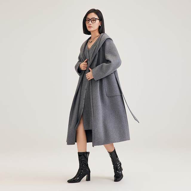 DEMMOV lemon grey long hooded double-sided cashmere coat for women in winter new loose silhouette