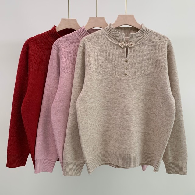 Cheongsam collar mother's wear autumn and winter velvet thickened sweater bottoming shirt middle-aged and elderly warm national style knitted top for women