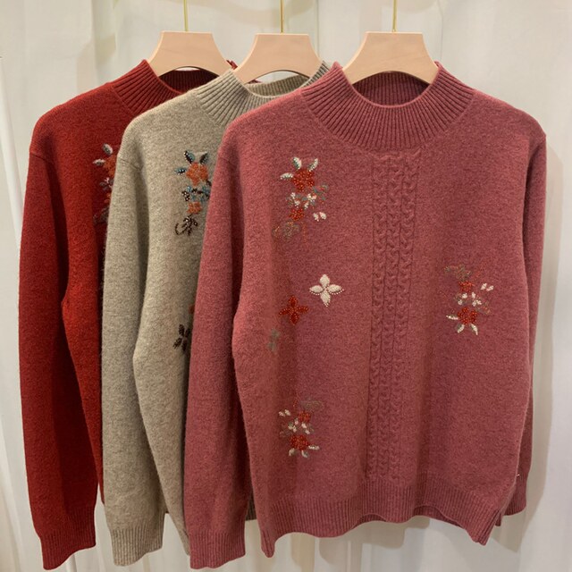 100%pure wool semi -high -necked foreign qi and loose, big size Mom in winter, warm sweater, middle -aged and elderly female bottoming shirt
