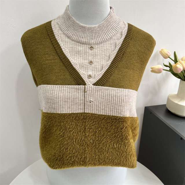 Mom pretend to be winter with velvet thick sweater female wool tops in autumn and winter, middle -aged and elderly fake two knitted bottoming shirts