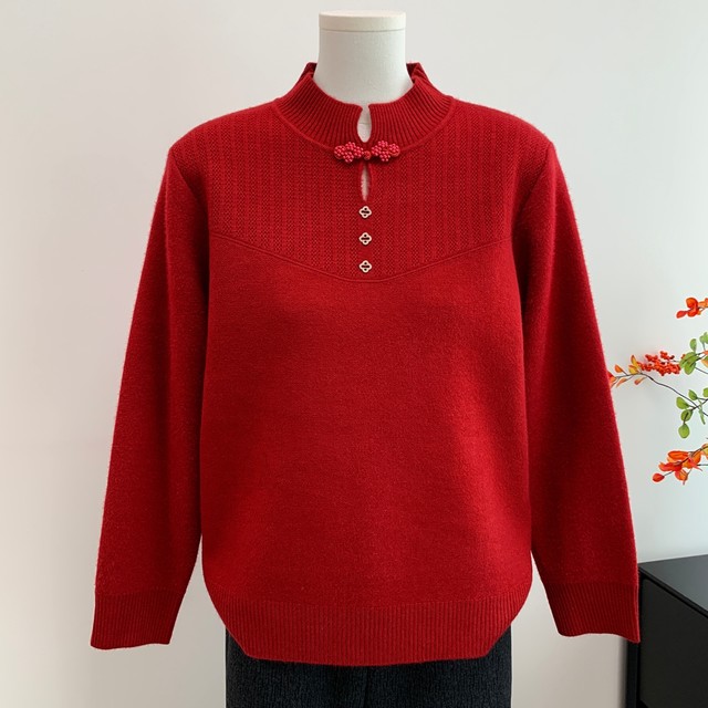 Cheongsam collar mother's wear autumn and winter velvet thickened sweater bottoming shirt middle-aged and elderly warm national style knitted top for women
