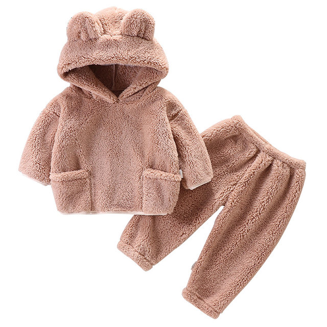 Children's autumn and winter flannel suit baby pajamas home clothes warm hooded outer two-piece set 2025 new style