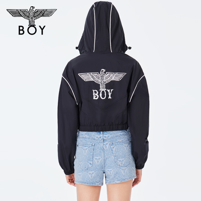 BOYLONDON spring and summer women's jacket logo print versatile slim black hooded jacket W23001
