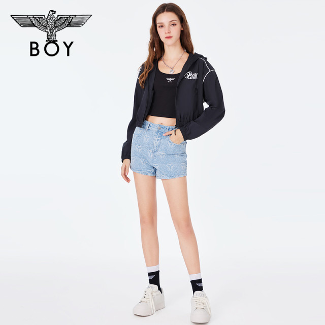 BOYLONDON spring and summer women's jacket logo print versatile slim black hooded jacket W23001
