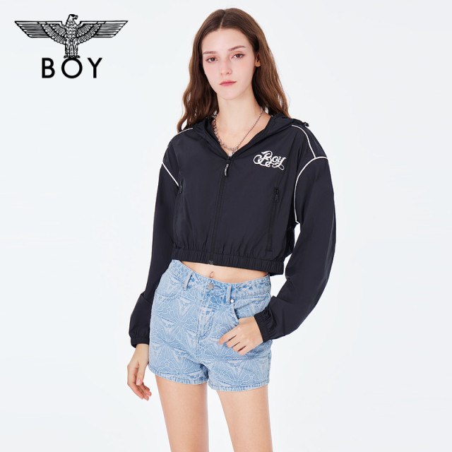 BOYLONDON spring and summer women's jacket logo print versatile slim black hooded jacket W23001
