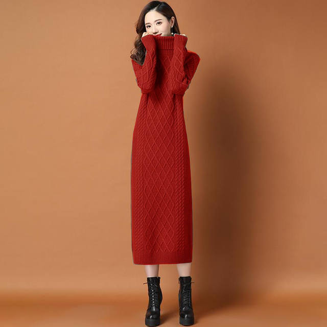 Long sweater women's 2025 new style over the knee autumn and winter new high collar large size women's accessories coat knitted dress