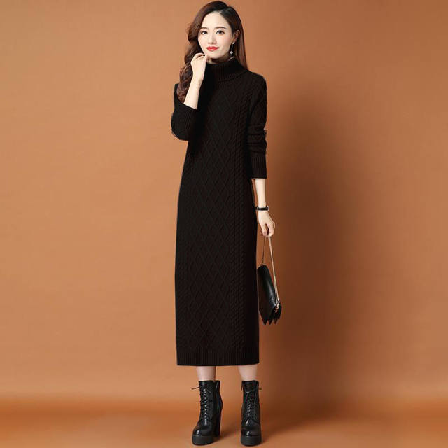 Long sweater women's 2025 new style over the knee autumn and winter new high collar large size women's accessories coat knitted dress
