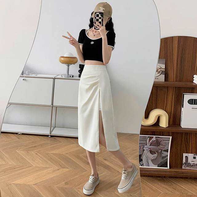 Folding zipper split skirt Female summer high waist irregular A -line skirt Small Korean versatile mid -length skirt
