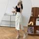 Folding zipper split skirt Female summer high waist irregular A -line skirt Small Korean versatile mid -length skirt
