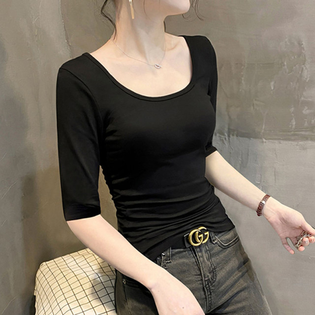 Modal U-neck mid-sleeved bottom shirt for women in summer slim fit black thin five-point sleeve low-neck half-sleeved top