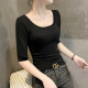 Modal U-neck mid-sleeved bottom shirt for women in summer slim fit black thin five-point sleeve low-neck half-sleeved top