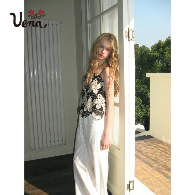 Uena black contrast flower embroidered wavy hem adjustable thin shoulder strap vest strap