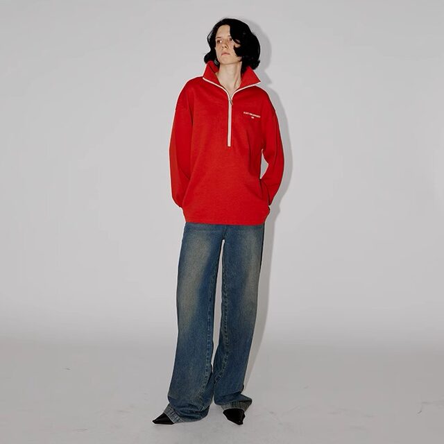 PHISM spring and summer new zipper printed sweatshirt for women loose long-sleeved lapel sweatshirt pure color