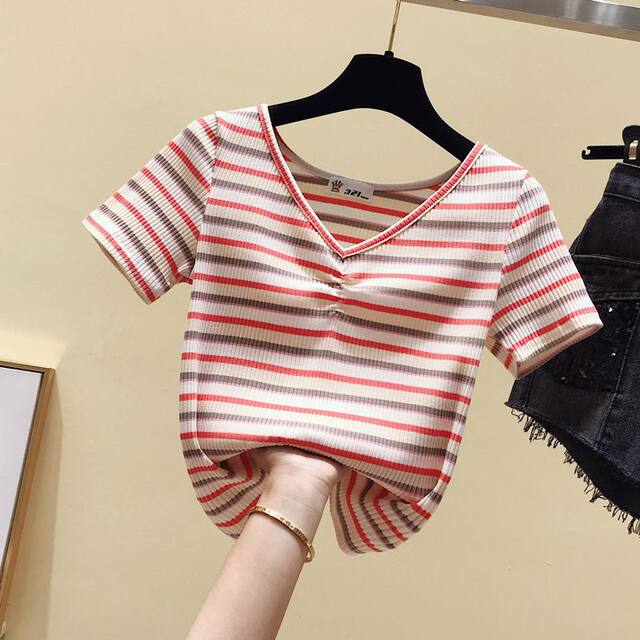 New summer slim rainbow V-neck striped short-sleeved internet celebrity ins super hot top slim and versatile short T-shirt for women