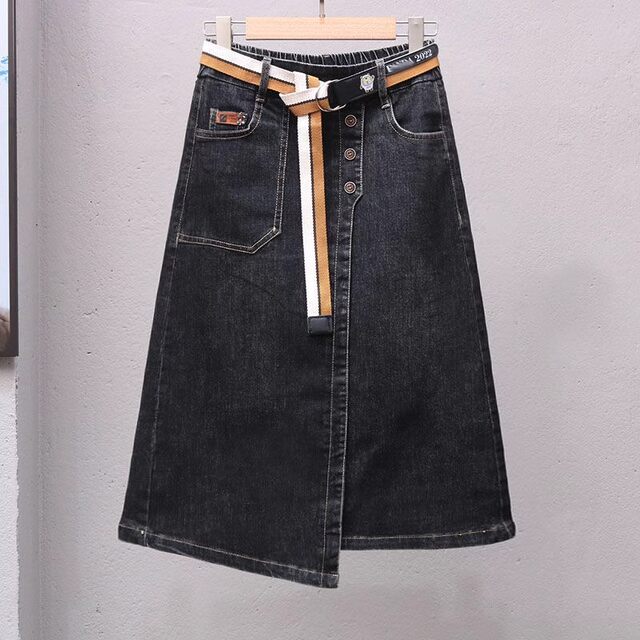 Retro blue denim skirt for women in spring and autumn 2025 new high-waisted old mid-length slit one-step skirt
