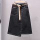 Retro blue denim skirt for women in spring and autumn 2025 new high-waisted old mid-length slit one-step skirt
