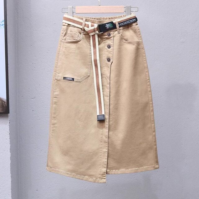 Retro blue denim skirt for women in spring and autumn 2025 new high-waisted old mid-length slit one-step skirt
