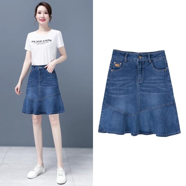 Retro blue denim skirt for women in spring and autumn 2025 new high-waist mid-length A-line one-step hip-wrap skirt