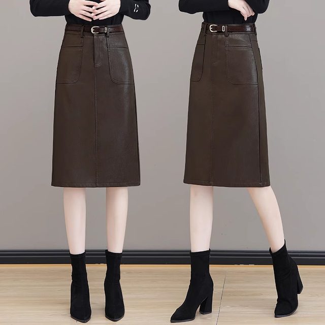 High-waisted leather skirt and skirt for women's spring and autumn new soft leather hip skirt over the knee medium-length large pockets behind